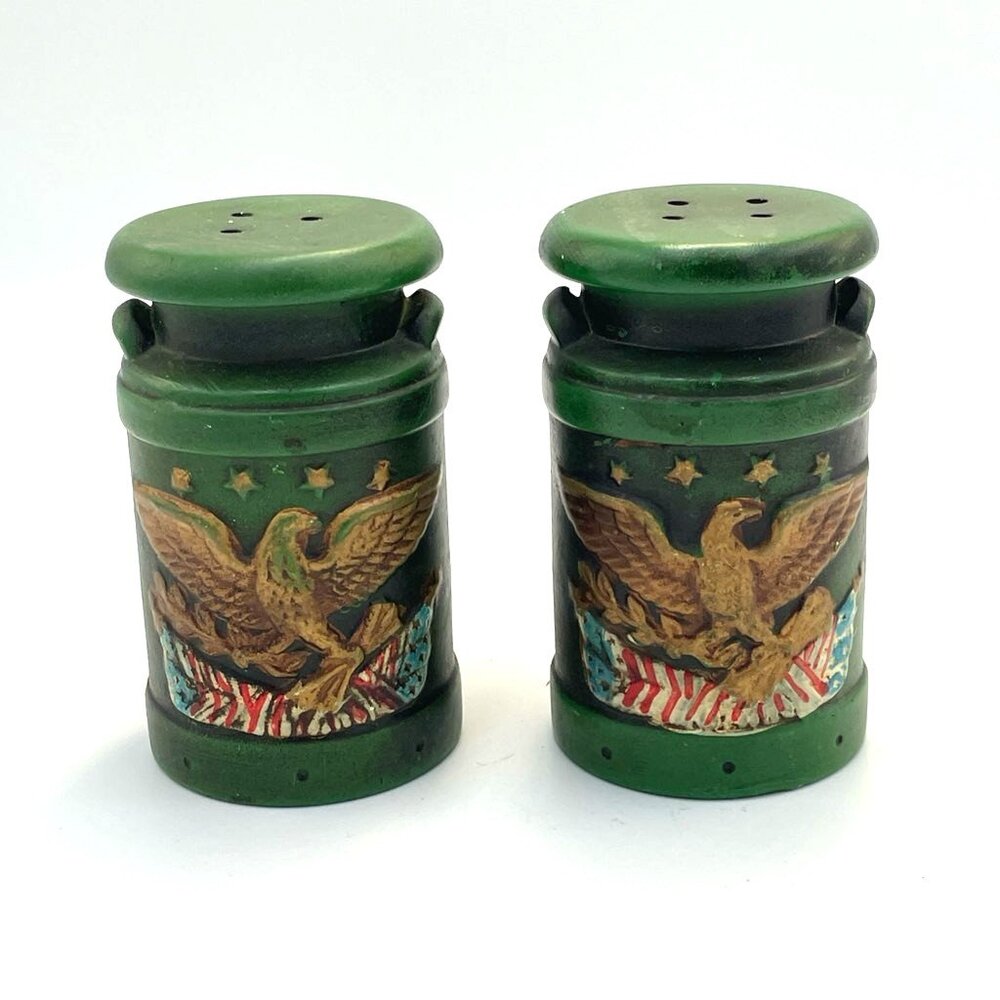 Vintage Green Milk Can Salt & Pepper Shakers Eagle American Flag‎ Patriotic